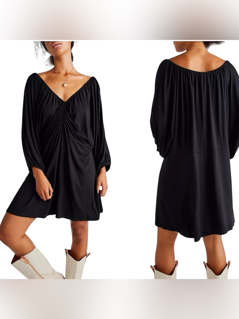 Free People FP Beach Black Ruched Tunic Mini Dress Cover-Up Balloon Sleeve L NWT